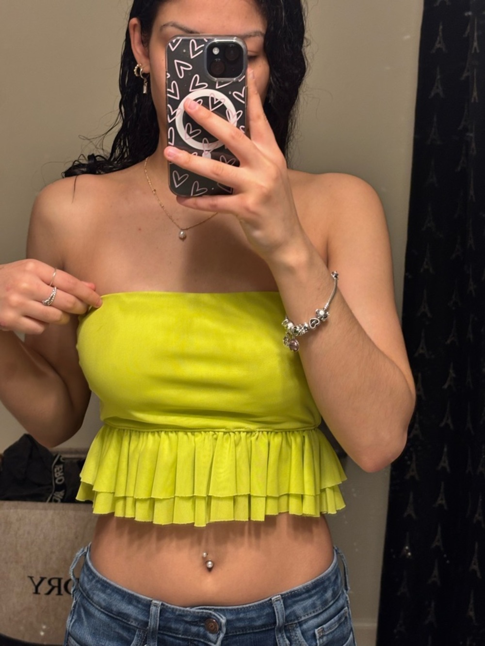 Forever 21 Lime Green Strapless Ruffle Hem Crop Top